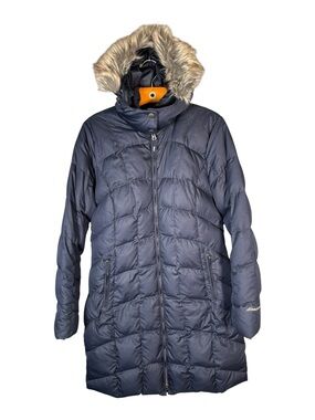 Eddie Bauer Wonne's Navy Blue Down Puffer Hooded Puffer 650 Fill Power Long M